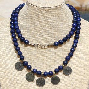 Lapis Lazuli Coin Necklace Handmade Ethnic Long